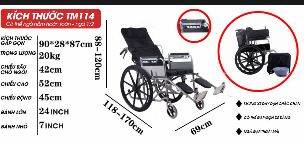 Xe lăn tay đẩy ngả nằm tiện dụng cao cấp dành cho người khuyết tật TM114