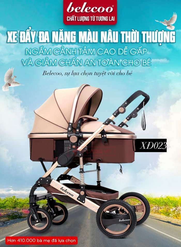  Xe đẩy đa năng màu nâu thời thượng dễ gấp thiết kế giảm chấn an toàn cho bé XĐ023